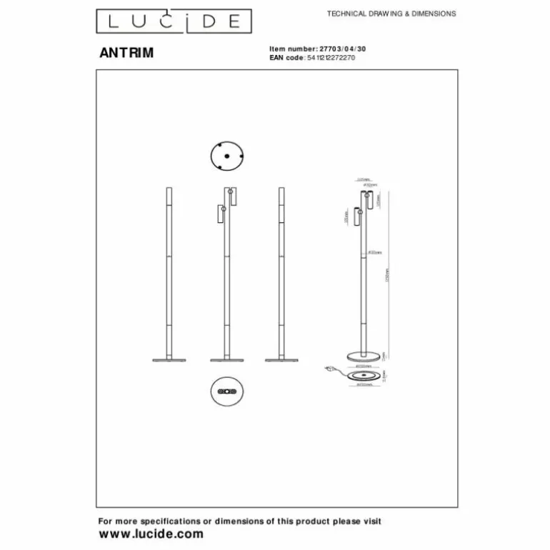 ANTRIM Lampadaire Luminaires Lucide LED Noir, 2 lumières