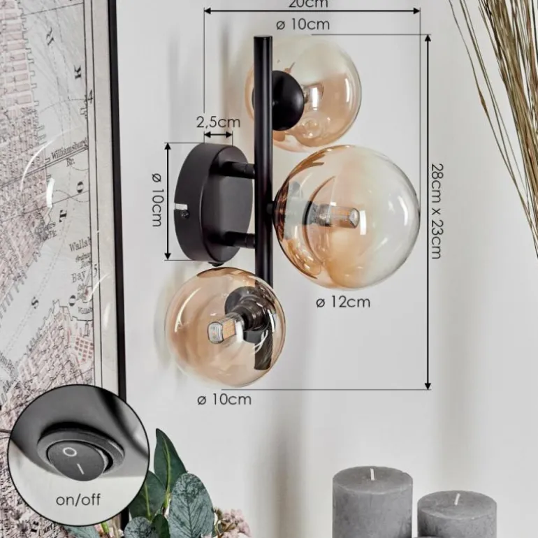 Applique murale - Verre 10 cm, 12 cm Chehalis Ambre, Clair, 3 lumières