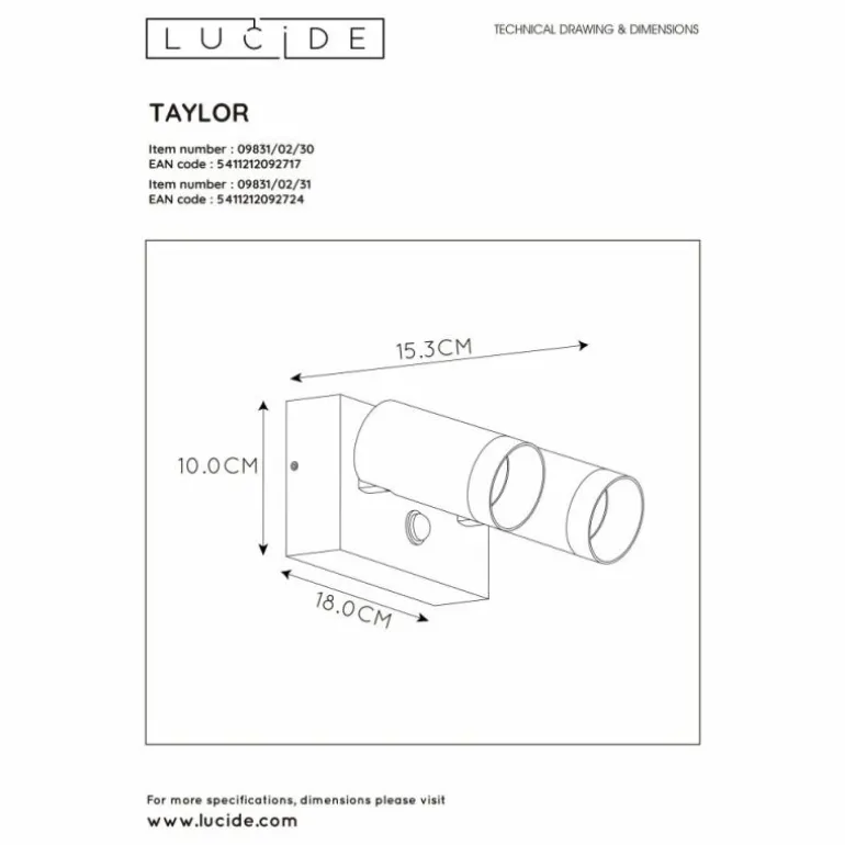 Applique murale d'extérieur Lucide TAYLOR Blanc, 2 lumières, Détecteur de mouvement