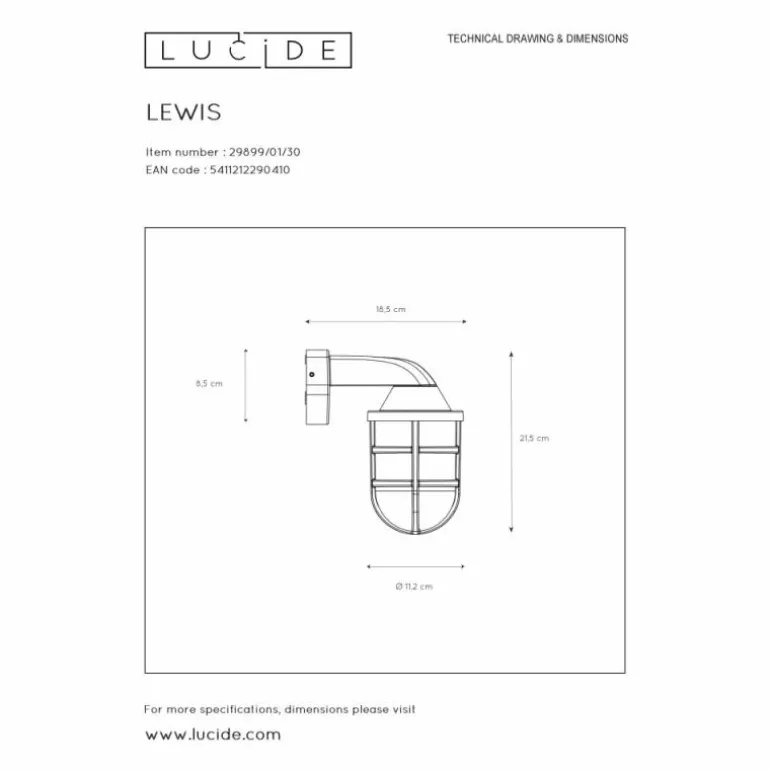 Applique murale d'extérieur Lucide LEWIS Noir, 1 lumière