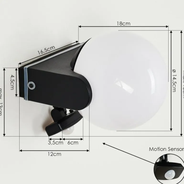 Applique murale d'extérieur Kalfhaga Noir, Blanc, 1 lumière, Détecteur de mouvement