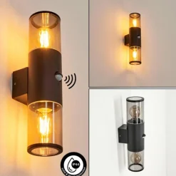 Applique murale d'extérieur Caragua Noir, 2 lumières, Détecteur de mouvement