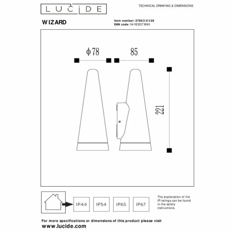 Applique murale d'extérieur Lucide WIZARD Anthracite, 1 lumière