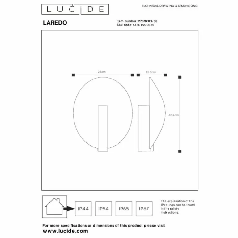 Applique murale d'extérieur Lucide LAREDO LED Noir, 1 lumière