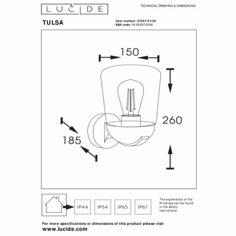 Applique murale d'extérieur Lucide TULSA Noir, 1 lumière