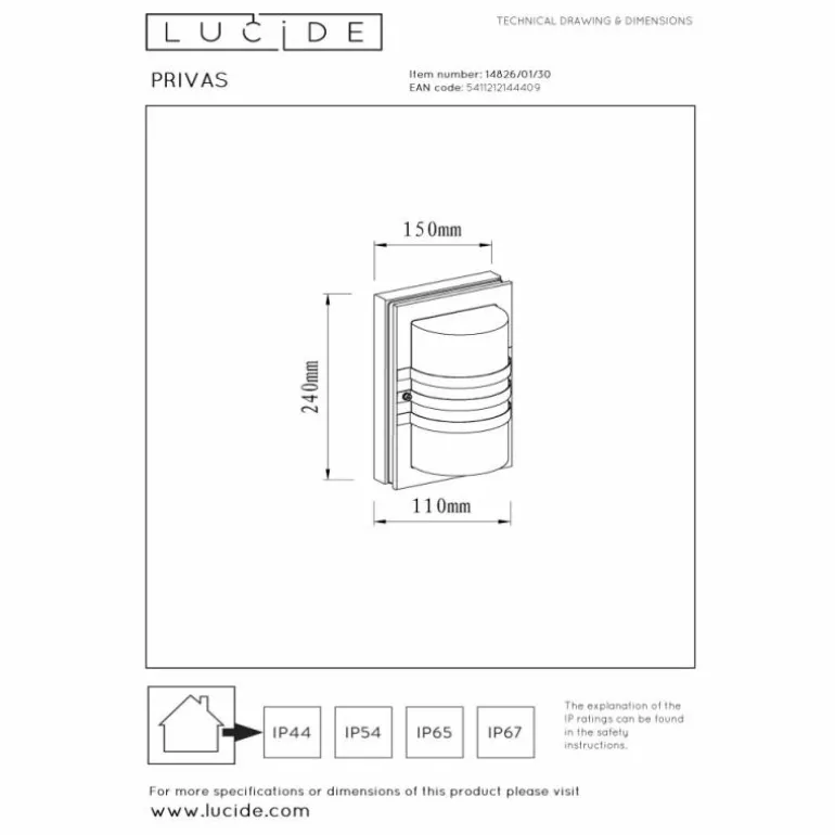 Applique murale d'extérieur Lucide PRIVAS Noir, 1 lumière