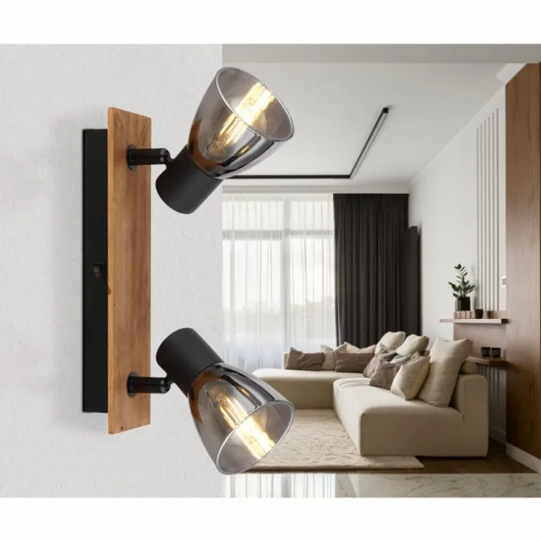 Applique murale Globo CLAUDE Bois foncé, Noir, 2 lumières