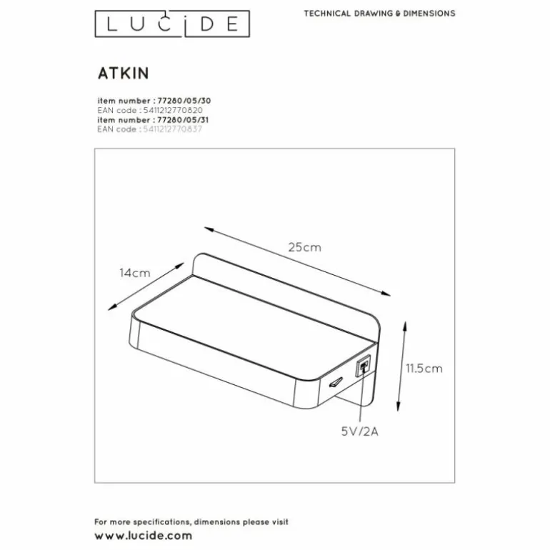 Applique murale Lucide ATKIN LED Noir, 1 lumière