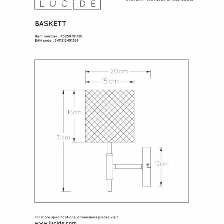 Applique murale Lucide BASKETT Noir, 1 lumière