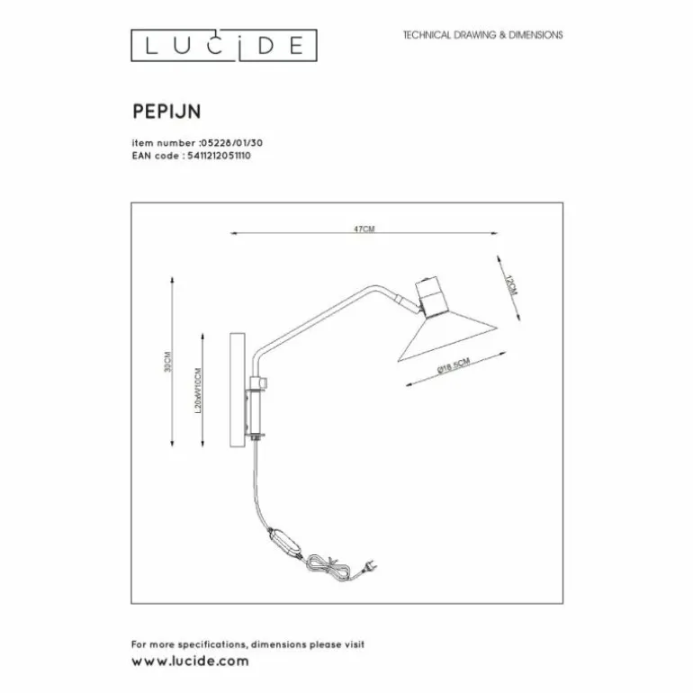 Applique murale Lucide PEPIJN Noir, 1 lumière