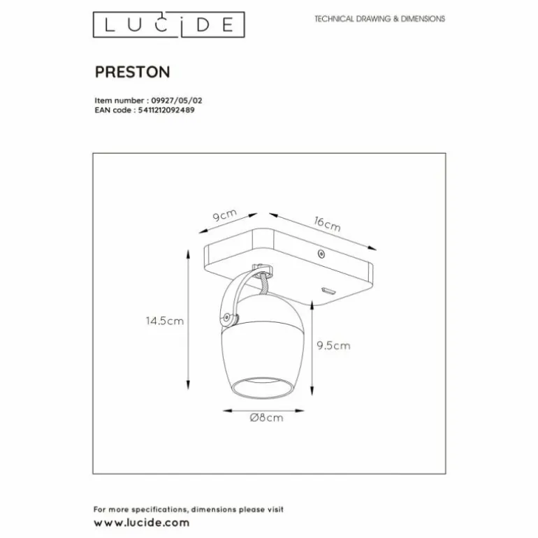Applique murale Lucide PRESTON LED Or, Laiton, 1 lumière