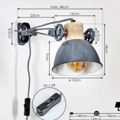 Applique murale Orny Gris, Bois clair, 1 lumière