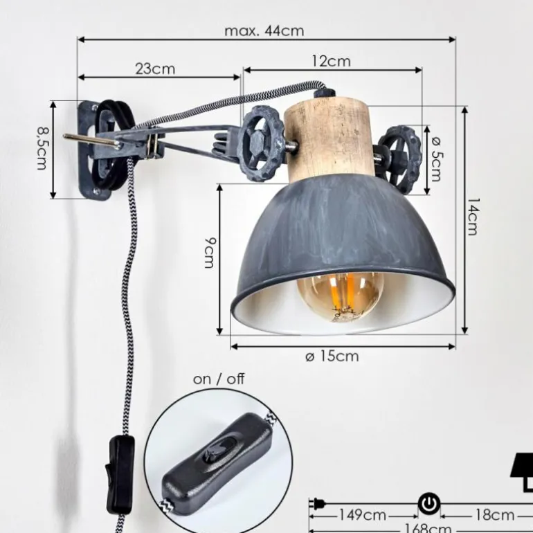 Applique murale Orny Gris, Bois clair, 1 lumière