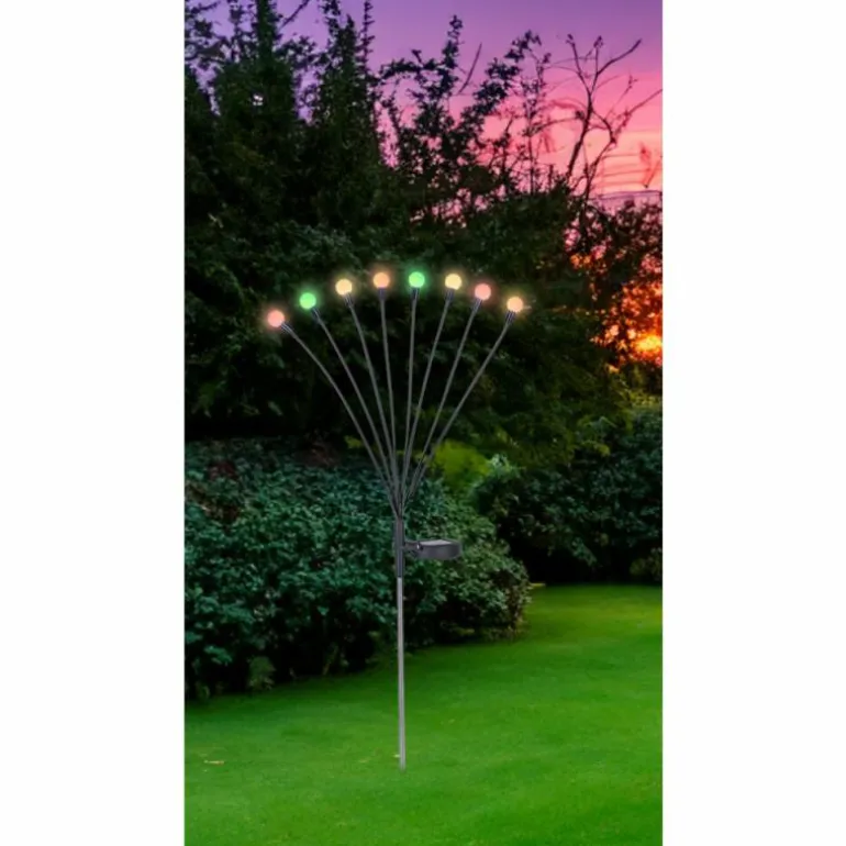 Borne lumineuse Globo SOLAR LED Acier inoxydable, Noir, 8 lumières, Changeur de couleurs