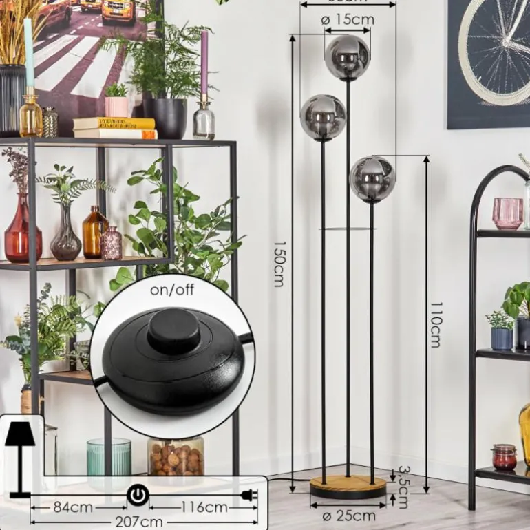 Gastor Lampadaire 30 cm Bois foncé, Noir, 3 lumières