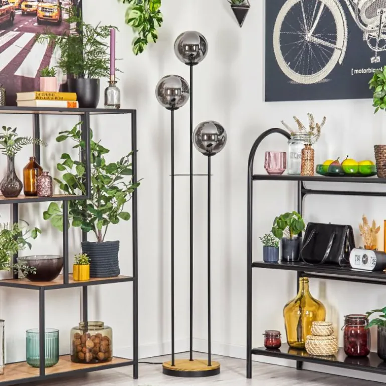 Gastor Lampadaire 30 cm Bois foncé, Noir, 3 lumières