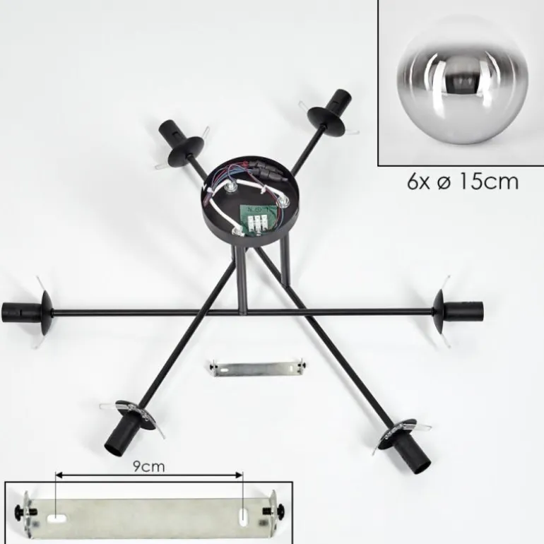 Gastor Plafonnier, Boule lumineuse 80 cm Chrome, Clair, Fumé, 6 lumières