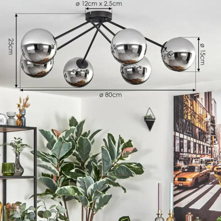 Gastor Plafonnier, Boule lumineuse 80 cm Chrome, Fumé, 6 lumières