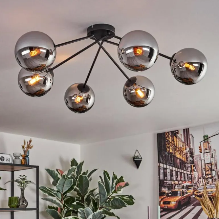 Gastor Plafonnier, Boule lumineuse 80 cm Chrome, Fumé, 6 lumières