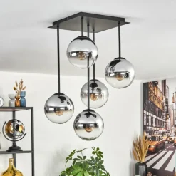 Gastor Plafonnier, Boule lumineuse Chrome, Clair, Fumé, 5 lumières