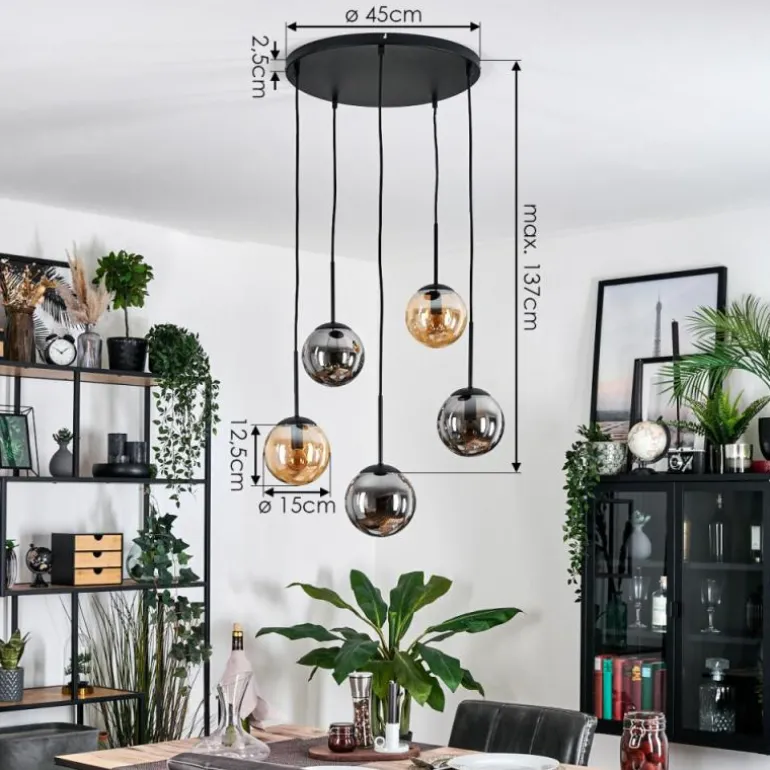 Gastor Suspension, Boule lumineuse, Suspension Ambre, Fumé, 5 lumières