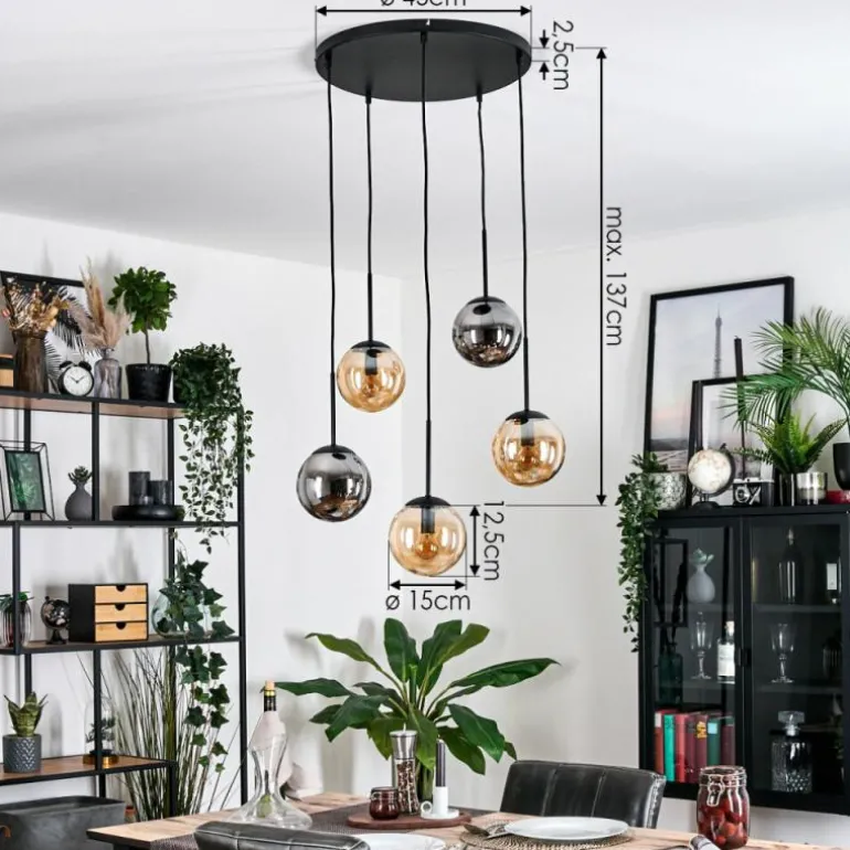 Gastor Suspension, Boule lumineuse, Suspension Ambre, Fumé, 5 lumières