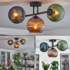 Koyoto Plafonnier, Boule lumineuse Bleu, Vert, Cuivré, 3 lumières