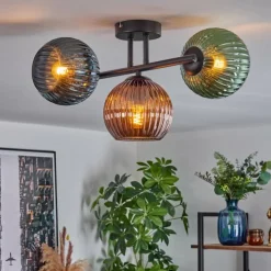Koyoto Plafonnier, Boule lumineuse Bleu, Vert, Cuivré, 3 lumières