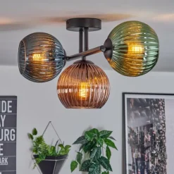 Koyoto Plafonnier, Boule lumineuse Bleu, Vert, Cuivré, 3 lumières