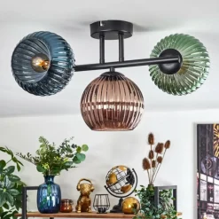 Koyoto Plafonnier, Boule lumineuse Bleu, Vert, Cuivré, 3 lumières