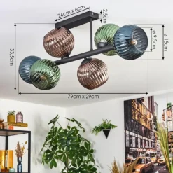 Koyoto Plafonnier, Boule lumineuse Bleu, Vert, Cuivré, 6 lumières