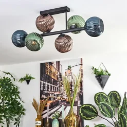 Koyoto Plafonnier, Boule lumineuse Bleu, Vert, Cuivré, 6 lumières