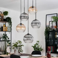 Koyoto Suspension, Boule lumineuse, Suspension grappe Ambre, Clair, Fumé, 5 lumières