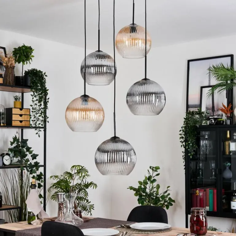 Koyoto Suspension, Boule lumineuse, Suspension grappe Ambre, Clair, Fumé, 5 lumières