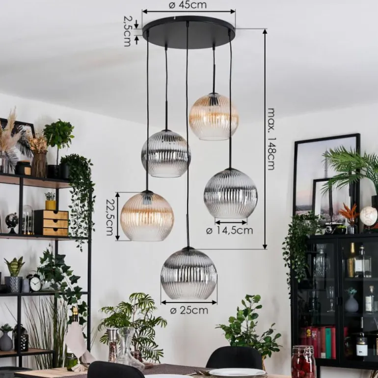 Koyoto Suspension, Boule lumineuse, Suspension grappe Ambre, Clair, Fumé, 5 lumières