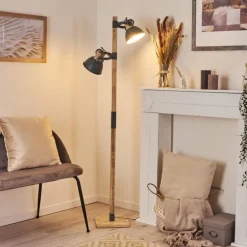 Lampadaire Orny Gris, Bois clair, 2 lumières