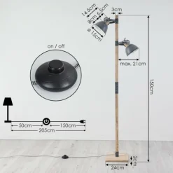 Lampadaire Orny Gris, Bois clair, 2 lumières