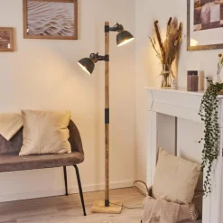 Lampadaire Orny Gris, Bois clair, 2 lumières