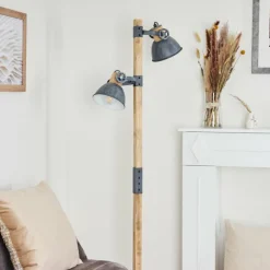 Lampadaire Orny Gris, Bois clair, 2 lumières