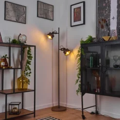 Lampadaire Pehefito Gris, Bois foncé, Noir, 2 lumières