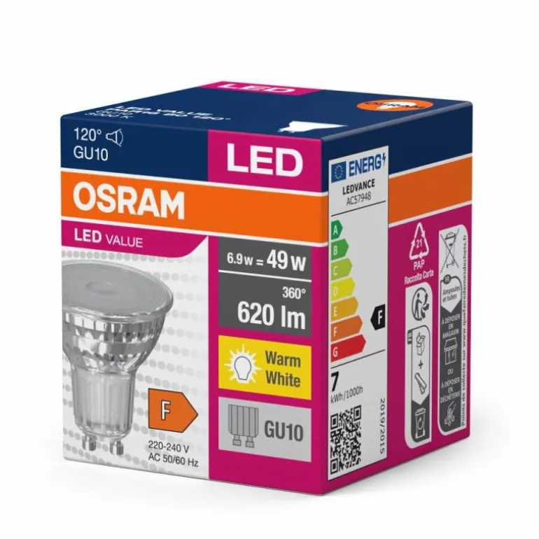 Luminaires Osram GU10 LED 6.9 Watt blanc chaud 620 Lumen