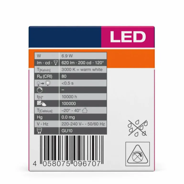 Luminaires Osram GU10 LED 6.9 Watt blanc chaud 620 Lumen