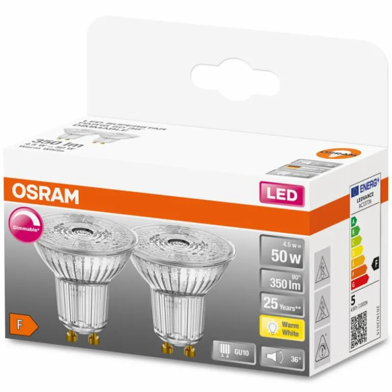 OSRAM SUPERSTAR Lot de 2 LED GU10 4,5 watt 2700 kelvin 350 lumen