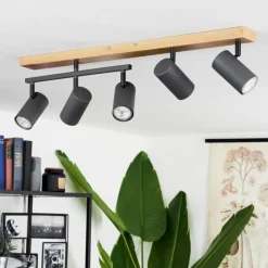 Plafonnier Javel Anthracite, Couleur bois, 5 lumières