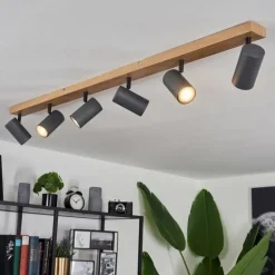 Plafonnier Javel Brun, Gris, Couleur bois, 6 lumières
