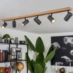 Plafonnier Javel Brun, Gris, Couleur bois, 6 lumières