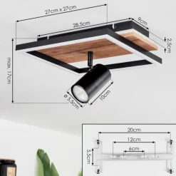 Plafonnier Sequeira LED Bois clair, Couleur bois, Noir, 2 lumières