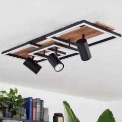 Plafonnier Sequeira LED Bois clair, Couleur bois, Noir, 4 lumières