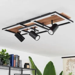 Plafonnier Sequeira LED Bois clair, Couleur bois, Noir, 4 lumières