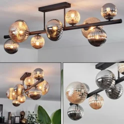 Plafonnier - Verre 10 cm, 12 cm, 15 cm Chehalis Ambre, Fumé, 10 lumières